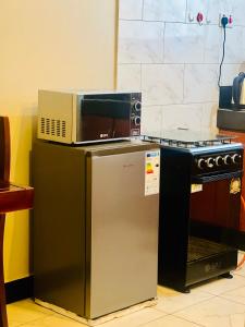 un microondas sobre una nevera en Zuri home 2, en Kampala