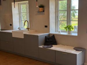 una cucina con lavandino e bancone con finestre di Hyggehouse-Unser-Ferienhaus-an-der-deutsch-daenischen-Grenze a Rudbøl Altre 13 foto
