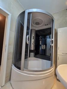 a bathroom with a toilet and a large mirror at TerraLuxe Sarajevo in Sarajevo