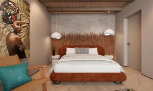 un dormitorio con una cama y una pintura de una mujer en Emshir Villas, en Krasnik