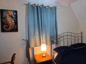 a bedroom with a bed and a blue curtain at Guest Room in Colchester Hythe in Hythe