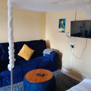 BometMaureen Homes的客厅里有一张蓝色的沙发和一张桌子