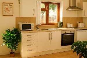 eine Küche mit Spüle und Mikrowelle in der Unterkunft Boutique-Style Studio Near BHX Airport & NEC in Birmingham