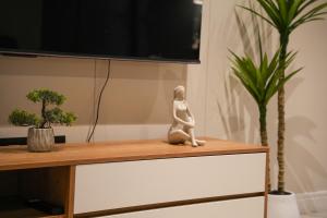 ヨハネスブルグにあるSecure and modern private flat Houghton Estateの2つの植物が置かれたドレッサーの上に置かれた置物