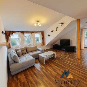 a living room with a couch and a tv at Moritz Apartments - Dosborn 7 in Dingelstädt
