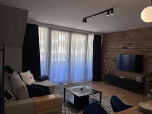 a living room with a couch and a tv at Apartament Ski &Sun in Świeradów-Zdrój