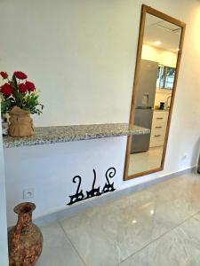 a bathroom with a mirror and a vase on a counter at Cozy apartment with private patio in Lomé