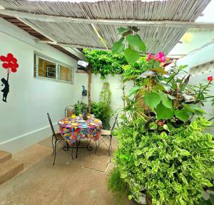 a patio with a table and chairs and plants at Cozy apartment with private patio in Lomé