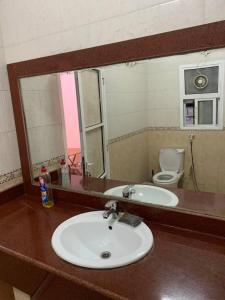 a bathroom with a sink and a mirror and a toilet at Kourosh in Muscat +6 photos
