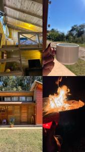 a collage of pictures of a house and a fire at Chalé da Montanha in São Roque