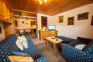a living room with two blue couches and a television at Chalet Alpine Royal A Top 2 in Krimml