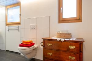 a bathroom with a toilet and a wooden dresser at Ferienwohnung Schleif in Niederwald +25 photos