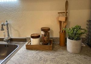 a kitchen counter with a tray with cups and a sink at Sant'Orso Cozy Home in Cogne