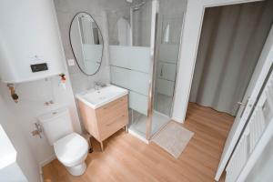 a bathroom with a toilet and a sink and a mirror at Charmant T2 plein centre in Saint-Astier