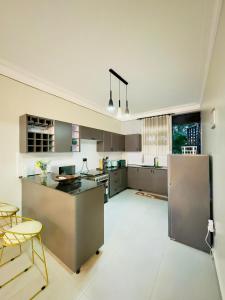 MunyonyoにあるMorganの広いキッチン(ステンレス製の電化製品、グレーのキャビネット付)