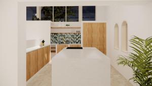 eine weiße Küche mit einer weißen Theke und einer Pflanze in der Unterkunft Villa d'architecte avec piscine et plage à pied in La Teste-de-Buch