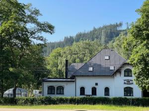 a white house with a black roof and trees at Penzion pod Špičákem in Tanvald