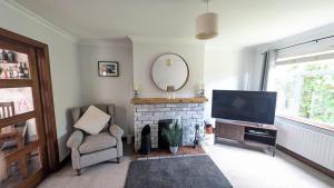a living room with a fireplace and a television at Sydenham Serenity: Bright Home with Conservatory in Belfast