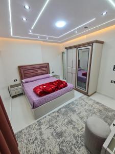 een slaapkamer met een bed en een spiegel bij بحر مباشر in Alexandrië
