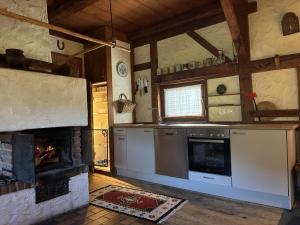 a kitchen with a fireplace and a stove at Trail & Tiefschnee Lodge in Reith im Alpbachtal