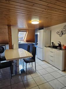 a kitchen with a table with chairs and a refrigerator at Apartment Dorfstrasse 16 in Leuzigen +7 photos