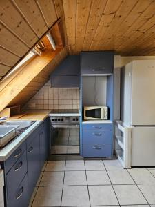 a kitchen with blue cabinets and a white refrigerator at Apartment Dorfstrasse 16 in Leuzigen