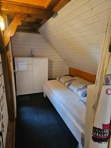 a small bedroom with a bed in a room at Apartment Dorfstrasse 16 in Leuzigen