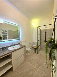 a bathroom with a sink and a toilet and a mirror at Cozy apartment with private patio in Lomé