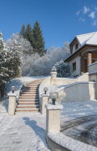 Unas escaleras frente a una casa en la nieve en Villa Moderne - Sauna Privé, Spa chauffée, en Quatzenheim