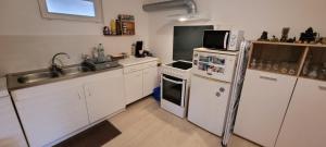 een keuken met een spoelbak en een koelkast bij grains de soleil in Castelnau-dʼEstrétefonds