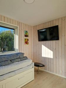 a bedroom with a bed and a tv on the wall at Renovated Beach House With Ocean View in Tjørneholm +8 photos