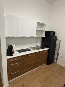 eine Küche mit einer Spüle und einem schwarzen Kühlschrank in der Unterkunft The Blue Church Family Apartment Old Town Self Check-in 6 guest in Bratislava + 3 Fotos