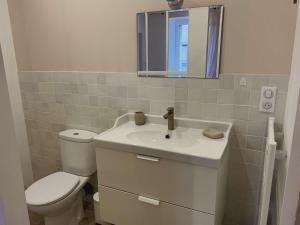 ein Badezimmer mit Toilette, Waschbecken und Spiegel in der Unterkunft 670 - Belle maison en pierre – parfaite pour partager des moments en famille in Erquy