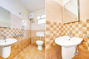 two pictures of a bathroom with a sink and a toilet at Super Collection O Beach Road Near GITAM in Visakhapatnam