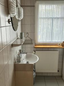 Un baño con lavabo, inodoro y ventana. en Hümmling HA16, en Sögel