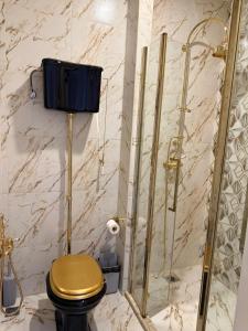 a bathroom with a gold toilet and a shower at Briiz Hotel Baku in Baku +32 photos