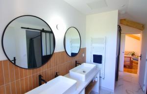 a bathroom with a sink and two mirrors on the wall at Gite NAYA in Saint-Christophe-sur-Dolaison