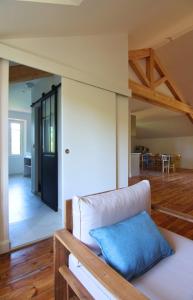 a room with a couch with a blue pillow at Gite NAYA in Saint-Christophe-sur-Dolaison