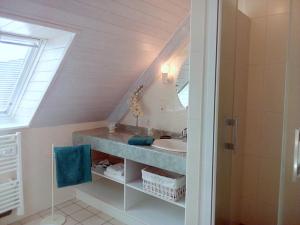 a bathroom with a sink and a mirror and a sink at Chambre kerantum in Mahalon