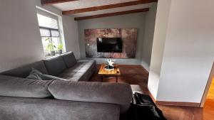 un soggiorno con un divano e una TV di Ferienwohnung Zahn a Markersbach