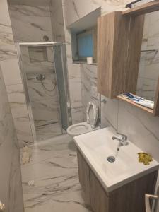 a bathroom with a sink and a shower and a toilet at Erholung am Vierwaldstättersee, komfortables 3-Bett-Zimmer in Brunnen in Brunnen