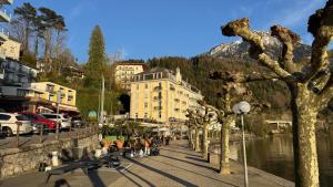 a city street with a river and buildings and trees at Erholung am Vierwaldstättersee, komfortables 3-Bett-Zimmer in Brunnen in Brunnen