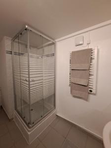 Una ducha de cristal en un baño con una toalla. en BASTIDE PRESQU ILE DE GIENS SUPERBE VUE MER PISCINE, en Hyères