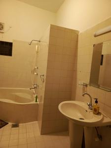 een badkamer met een wastafel, een douche en een bad bij The Residency in Islamabad