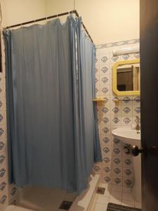 een badkamer met een douche en een blauw douchegordijn bij The Residency in Islamabad