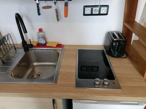 a kitchen counter with a sink and a stove at Charmant Studio - Face Gare SNCF Grenoble -Bus, Centre-Ville, Tout à Pied ! in Grenoble +21 photos