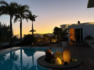 a villa with a swimming pool and palm trees at Villa Claus in Puerto Calero