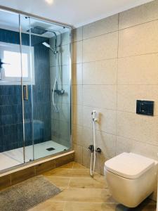 a bathroom with a shower and a toilet at 101 - Beachside Renovated 1BR apt w private garden in Cambrils +18 photos