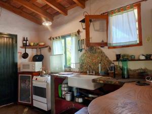 a kitchen with a sink and a stove and a microwave at Casa Amarilla in Mina Clavero +16 photos
