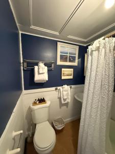 a bathroom with a white toilet and a blue wall at The Copper Swan in Wellfleet